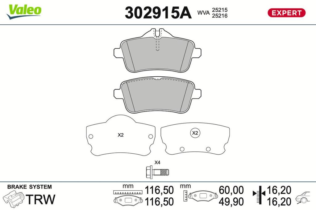 Jeu de 4 plaquettes de frein VALEO ref. 302915A